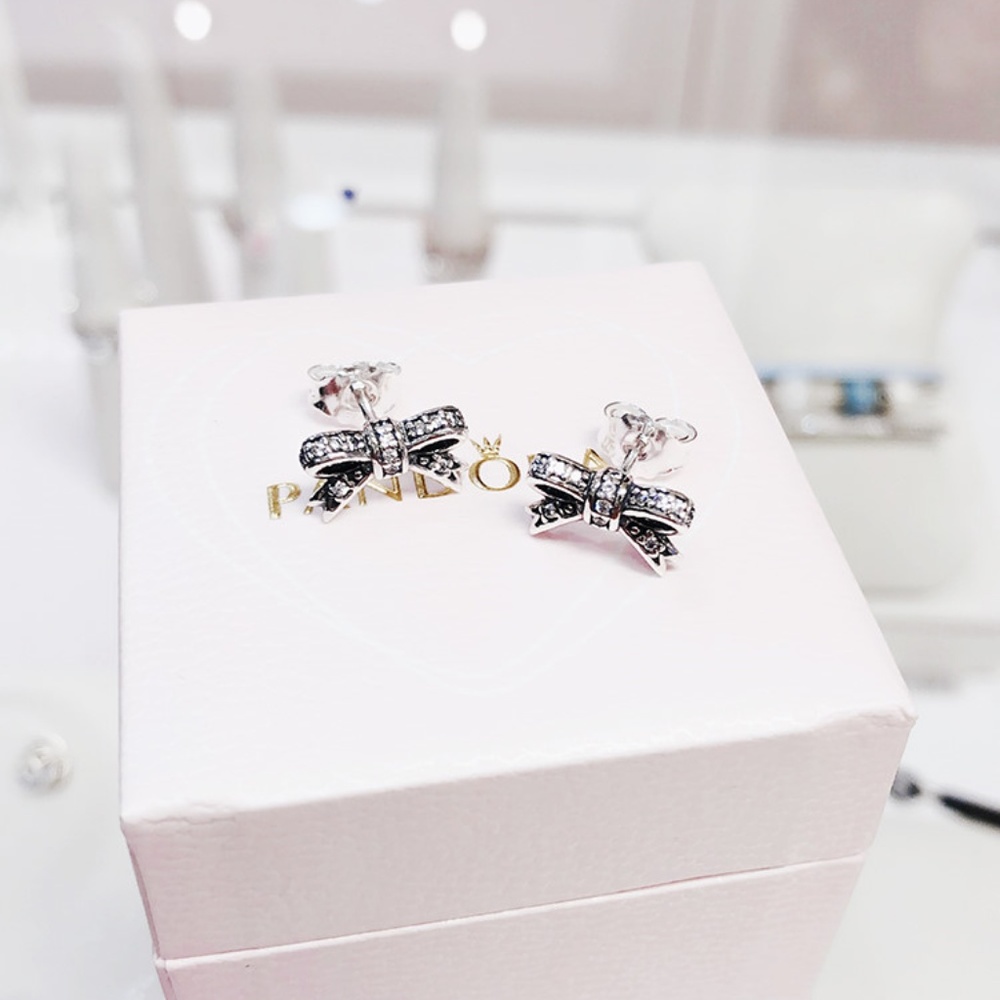 Sparkling Bow Stud Earrings, Clear CZ